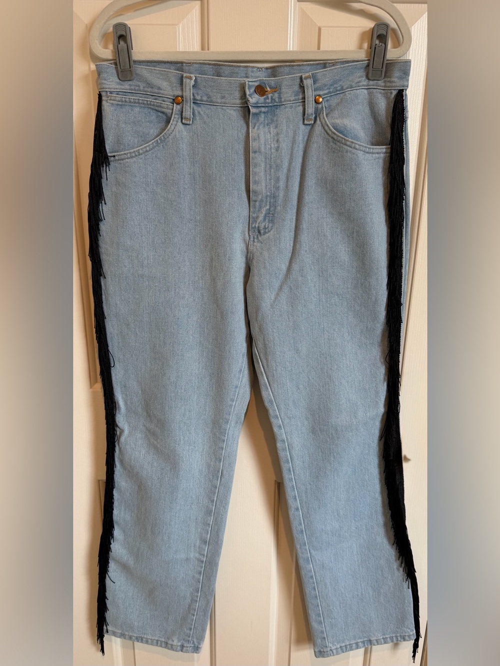 EUC Upcycled Wranglers Light Blue Jeans with Black  Side Fringe Size 34/30